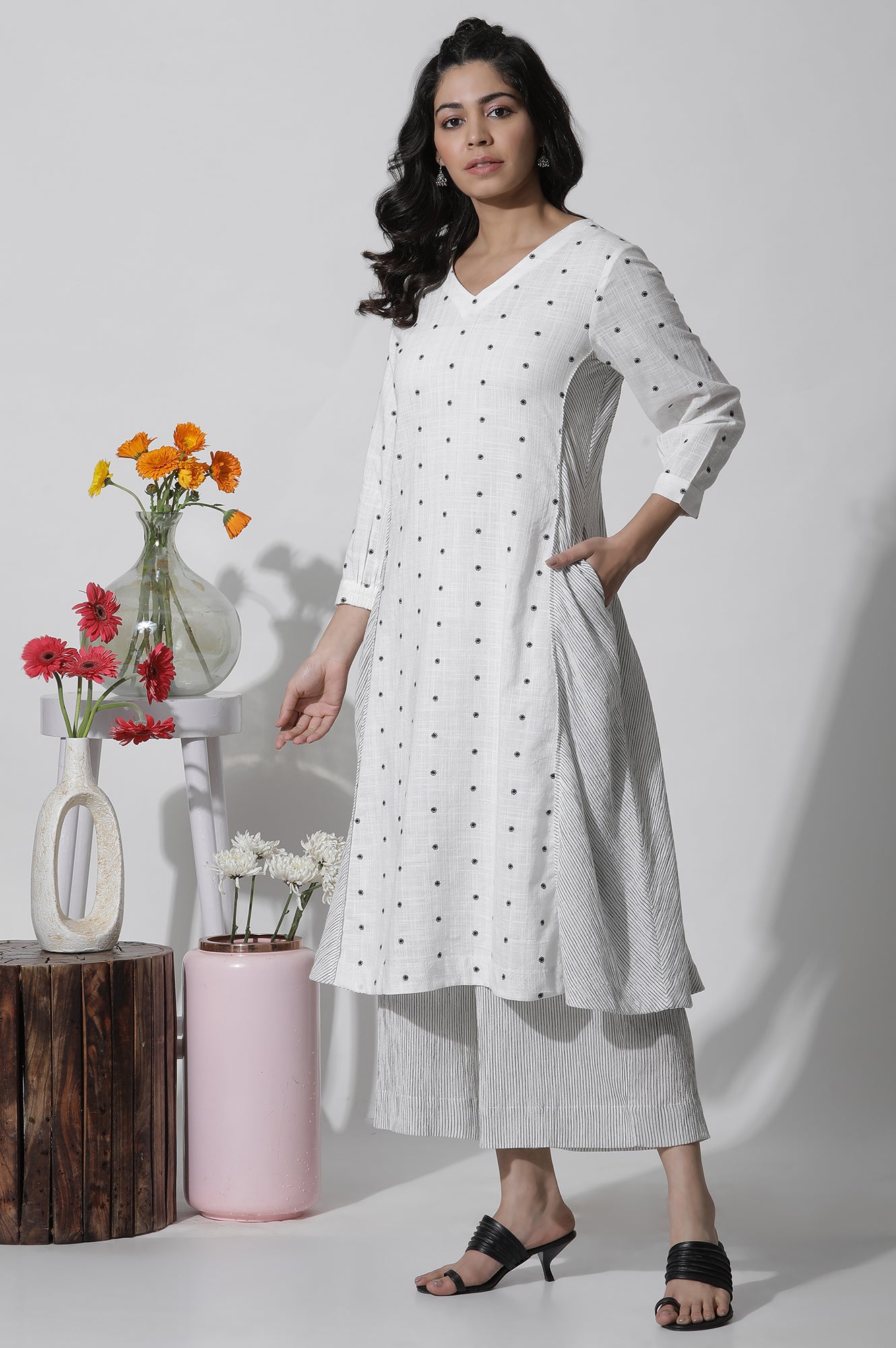 Off-White Work Wear Cotton Dobby Printed Kurta