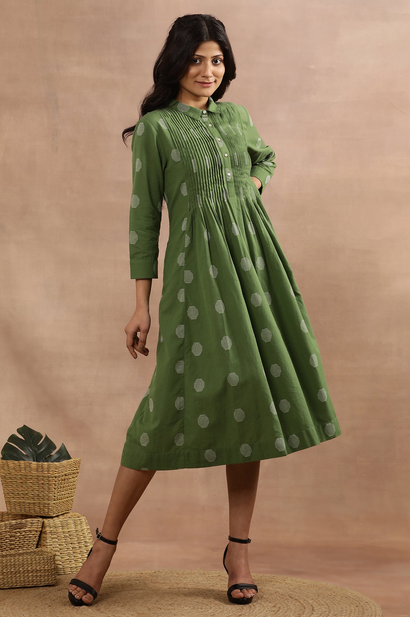 Ge Green Yarn Dyed Polka Dot Dress