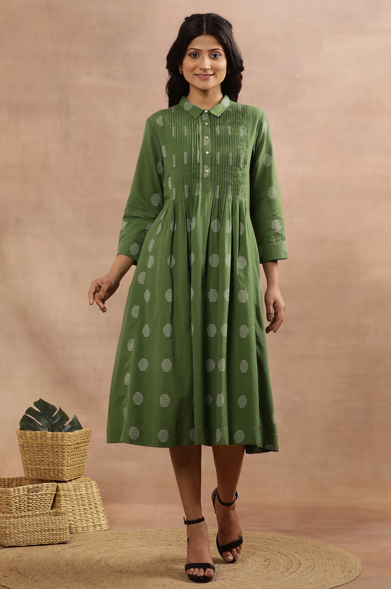 Ge Green Yarn Dyed Polka Dot Dress