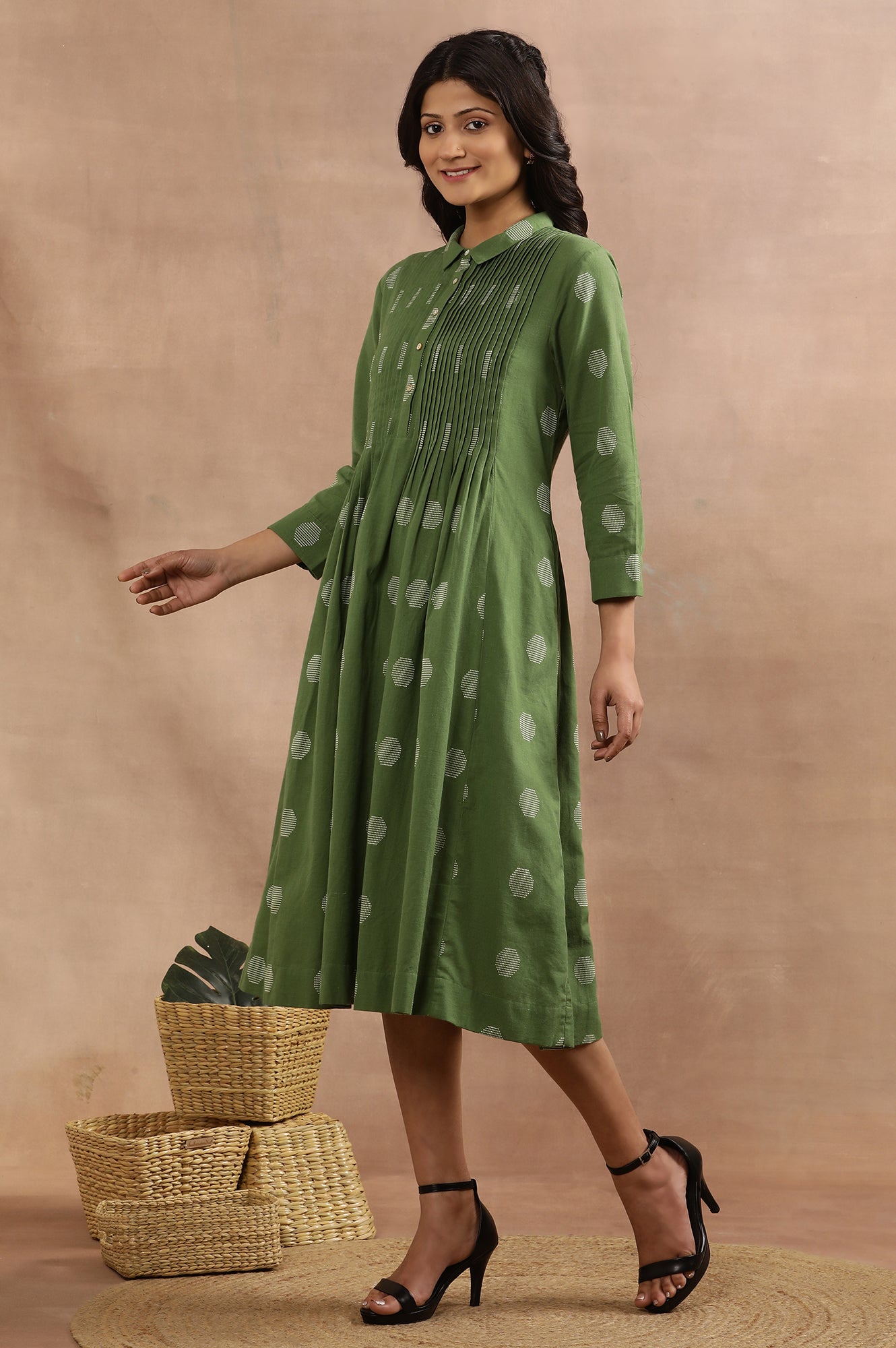 Ge Green Yarn Dyed Polka Dot Dress