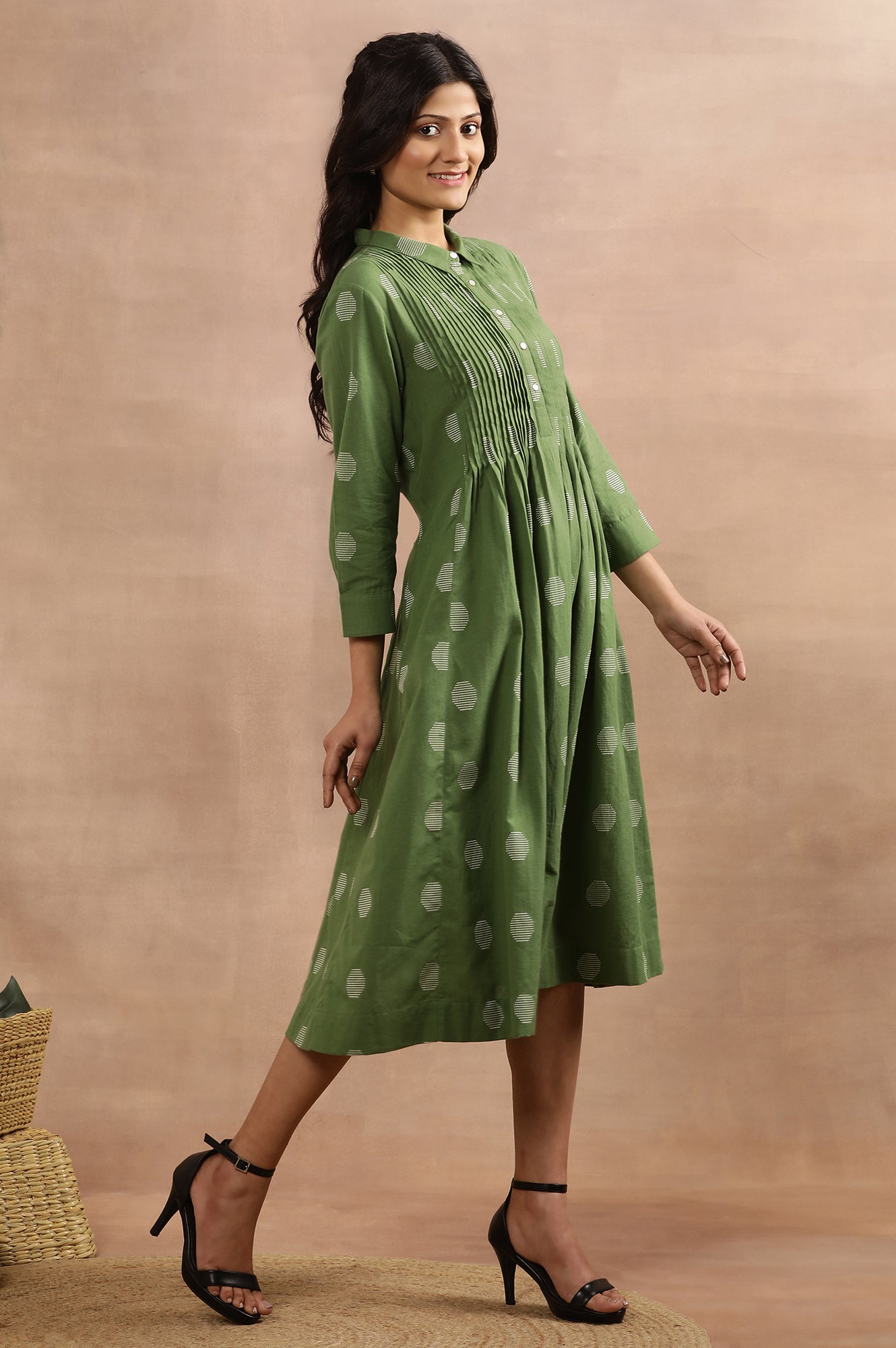 Ge Green Yarn Dyed Polka Dot Dress