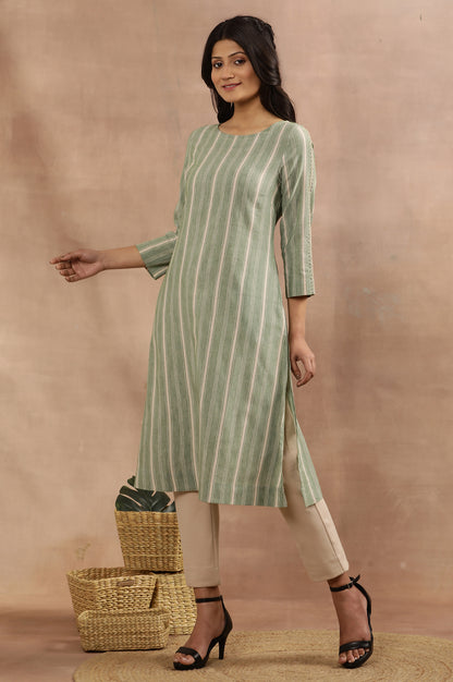 Green Yarn Dyed Kurta With Stitch Embroidery