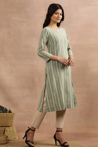 Green Yarn Dyed Kurta With Stitch Embroidery