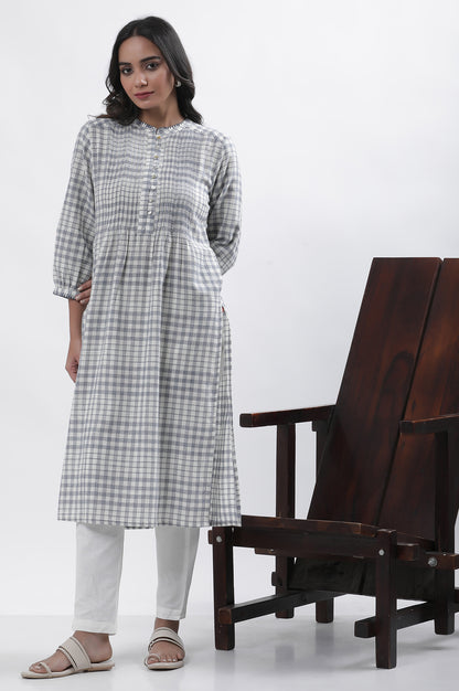 White And Blue Checker Cotton Blend Kurta