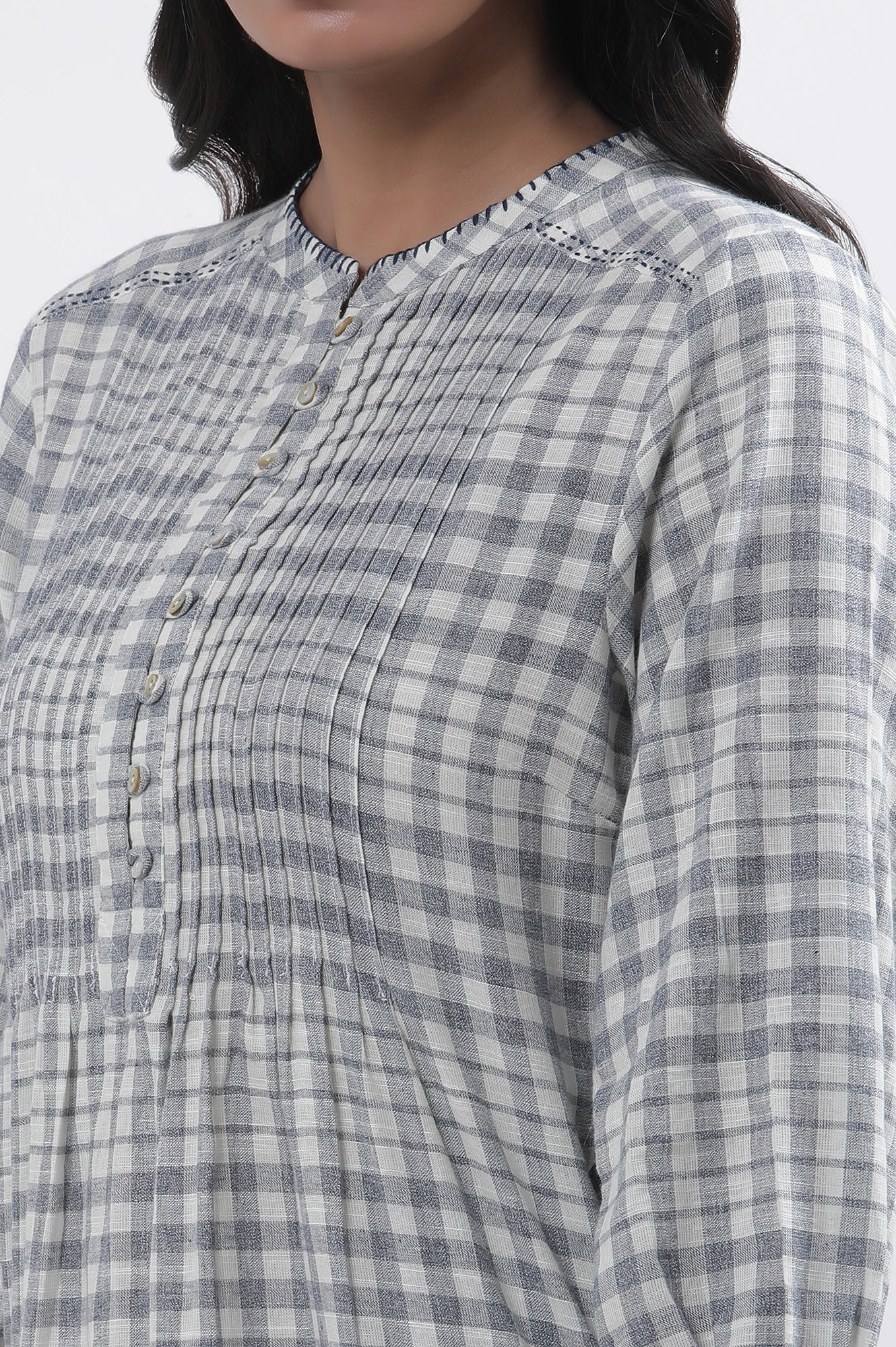 White And Blue Checker Cotton Blend Kurta