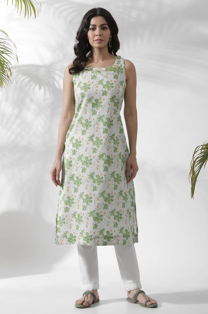 White Floral Printed Sleeveless Kurta