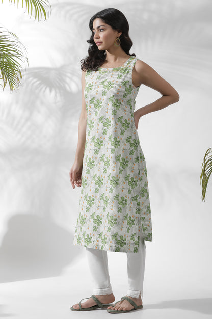 White Floral Printed Sleeveless Kurta