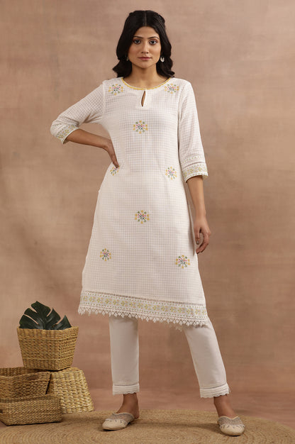 White Cotton Checker Kurta With Floral Embroidery