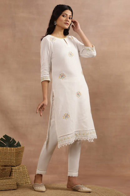 White Cotton Checker Kurta With Floral Embroidery