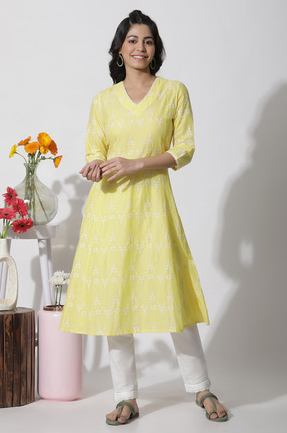 Yellow Schiffli Flared Kurta