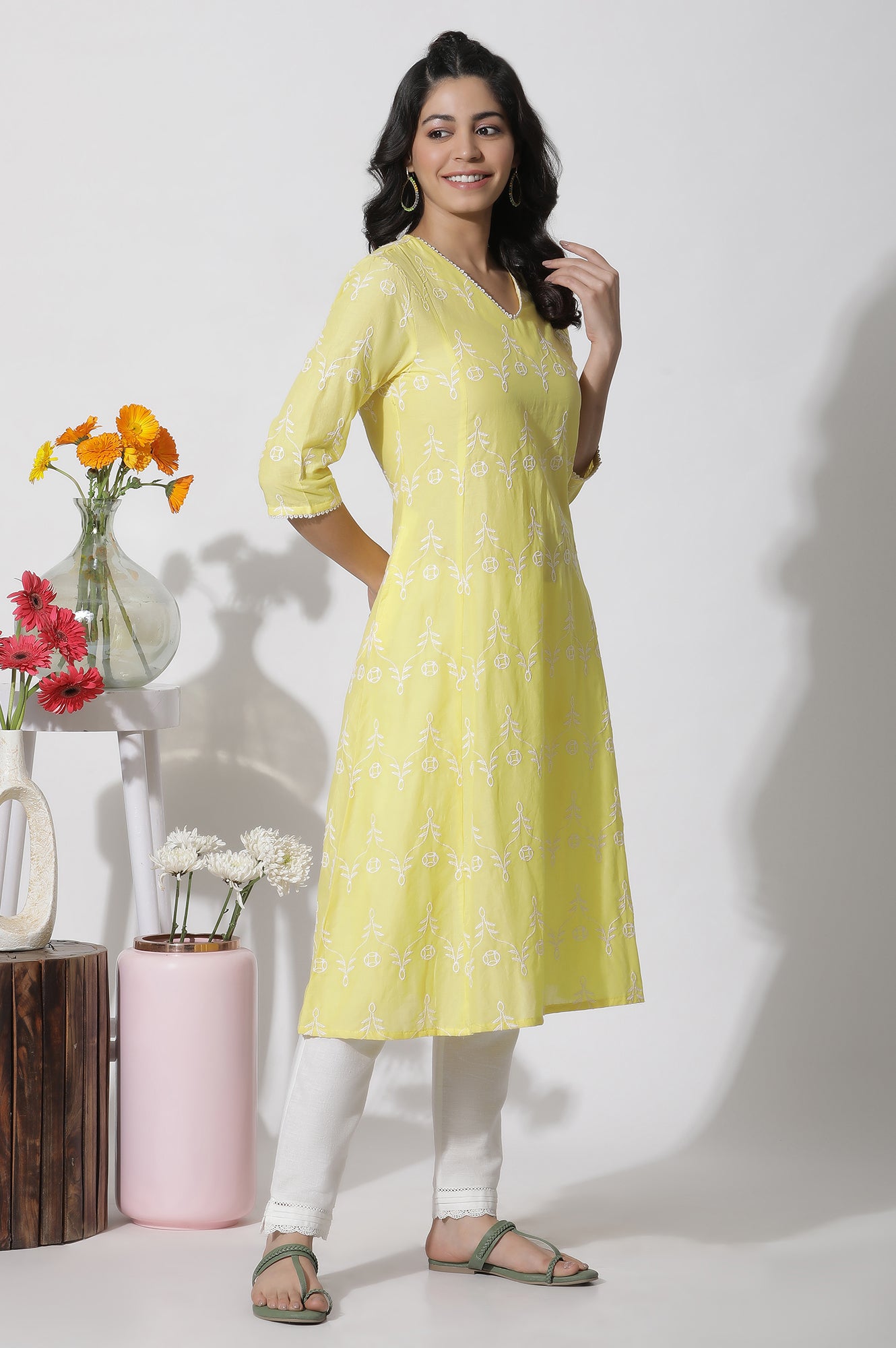 Yellow Schiffli Flared Kurta