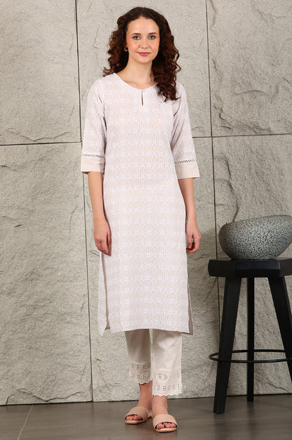 Light Grey Schiffli Embroidered Pure Cotton Straight Kurta