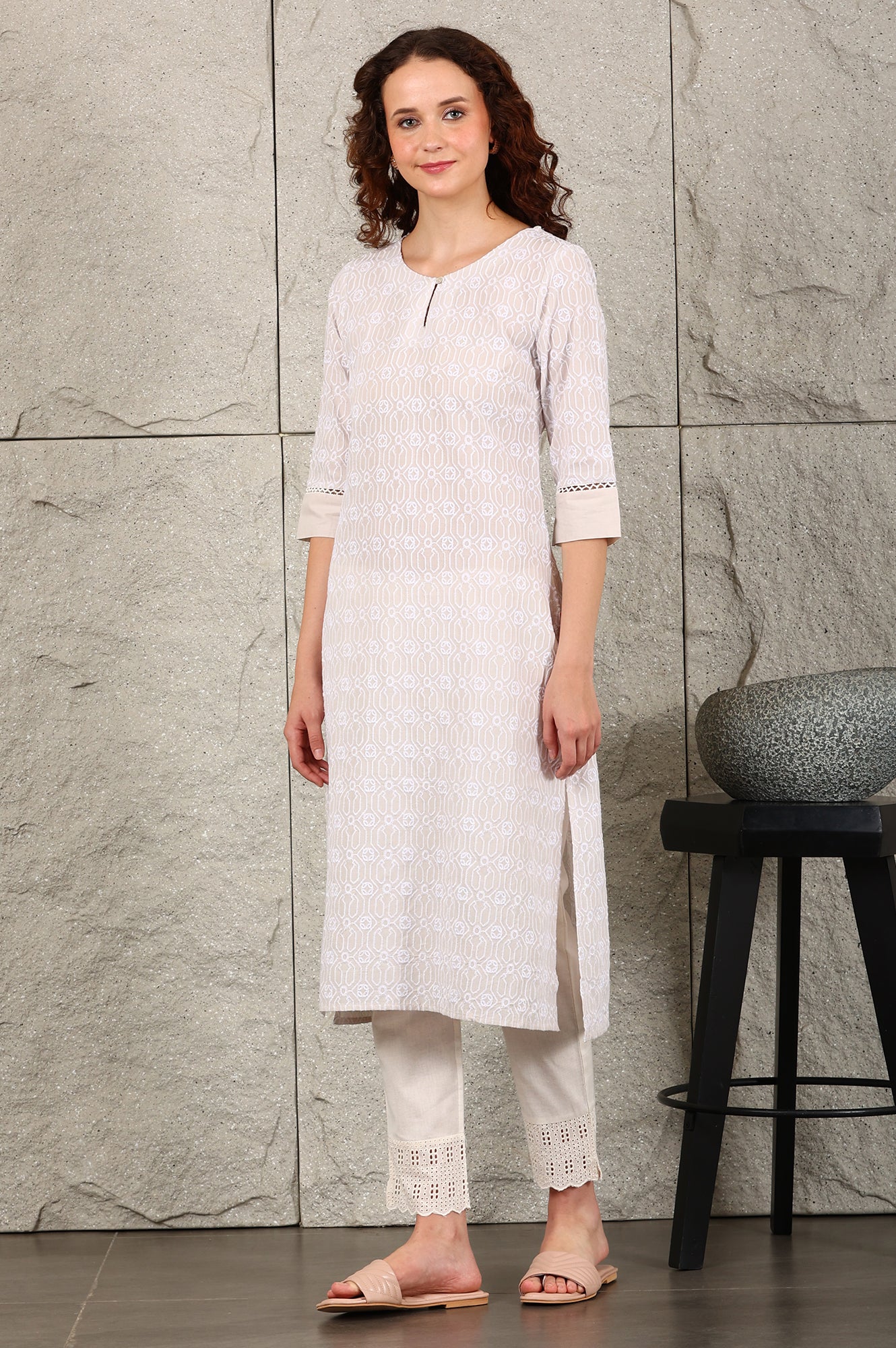 Light Grey Schiffli Embroidered Pure Cotton Straight Kurta