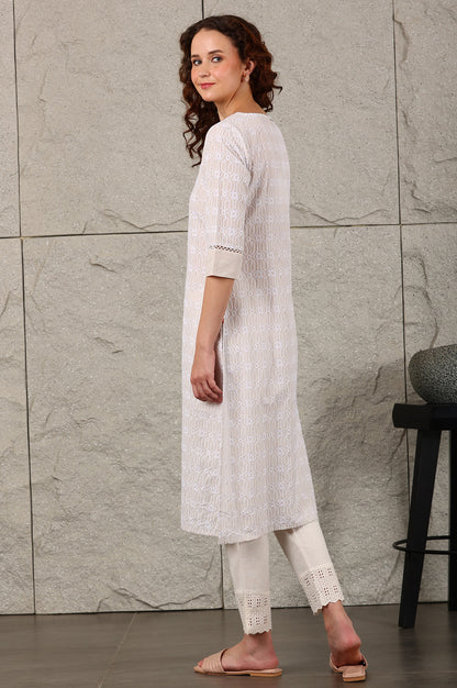 Light Grey Schiffli Embroidered Pure Cotton Straight Kurta