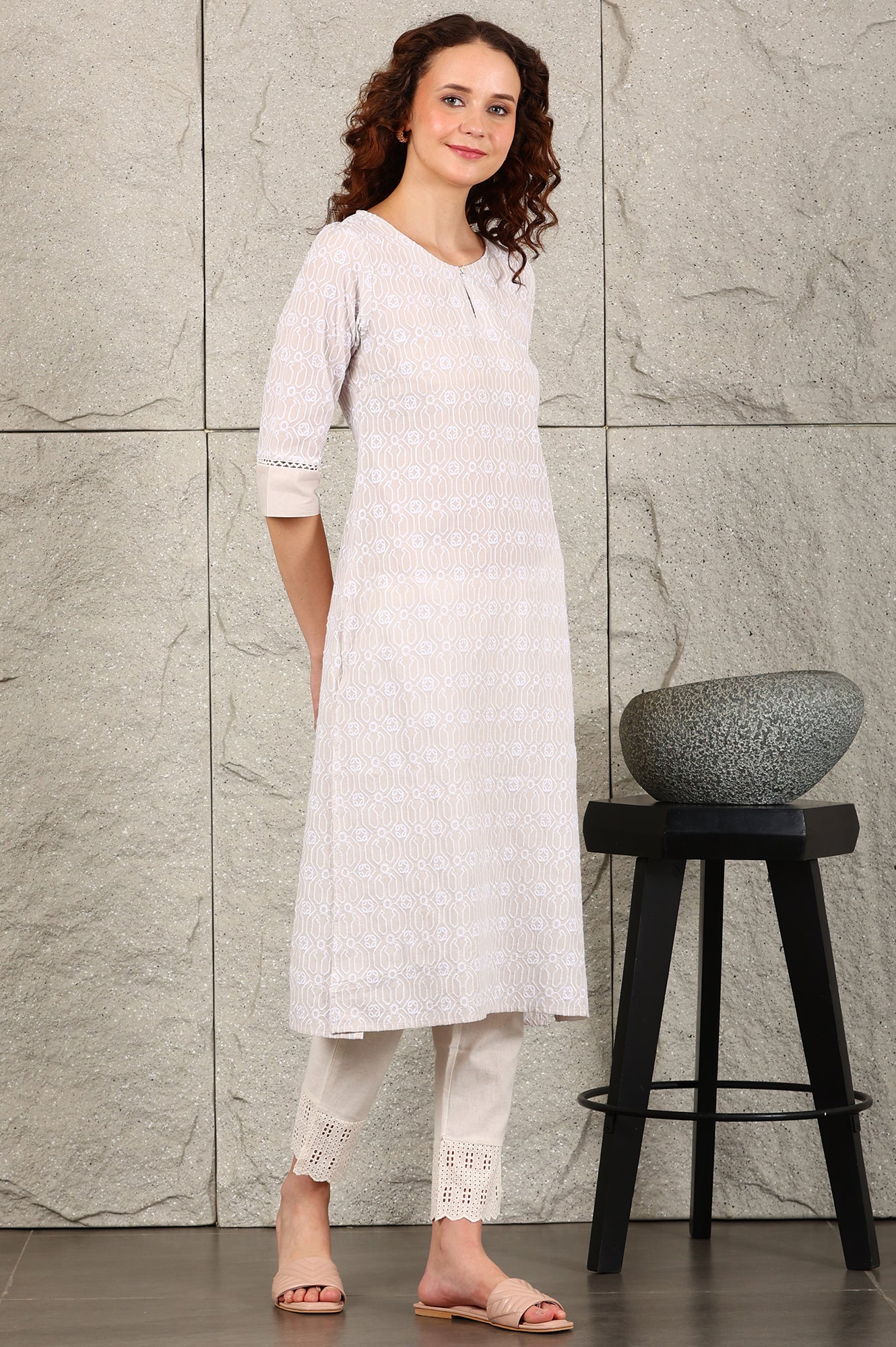 Light Grey Schiffli Embroidered Pure Cotton Straight Kurta