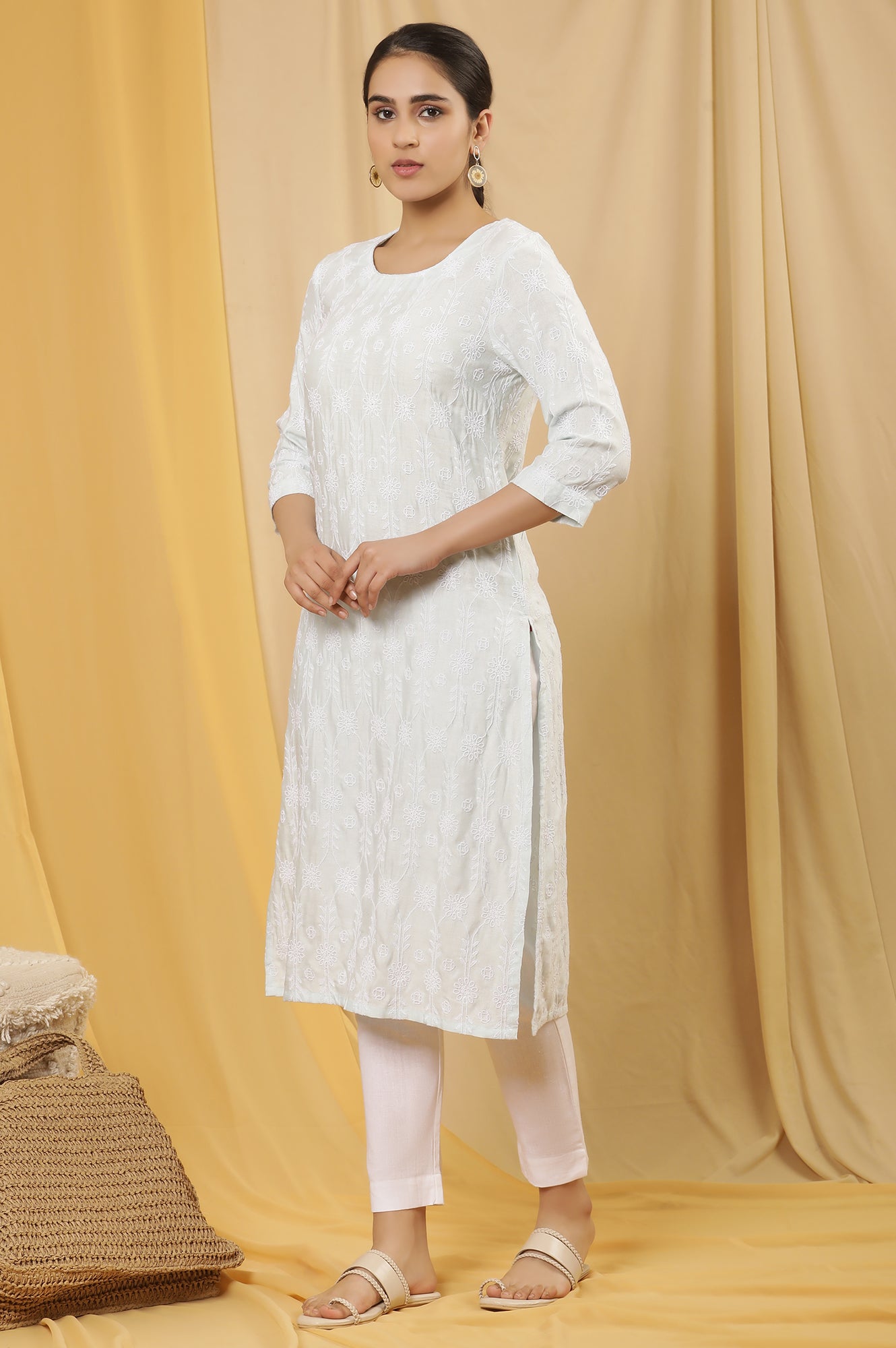 Mint Blue Kurta In Schiffli Embroidery