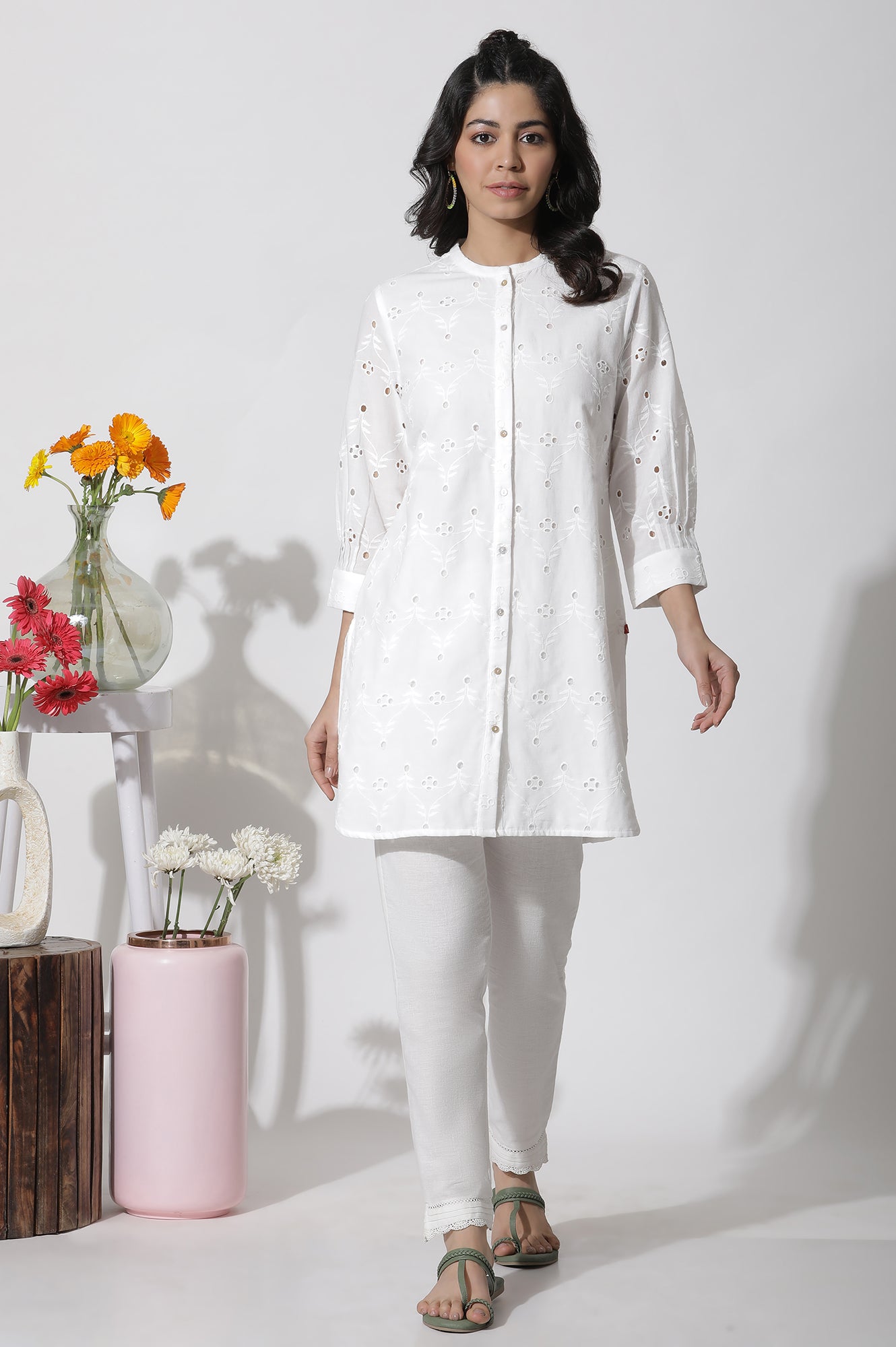 White Short Schiffli Cotton Kurta