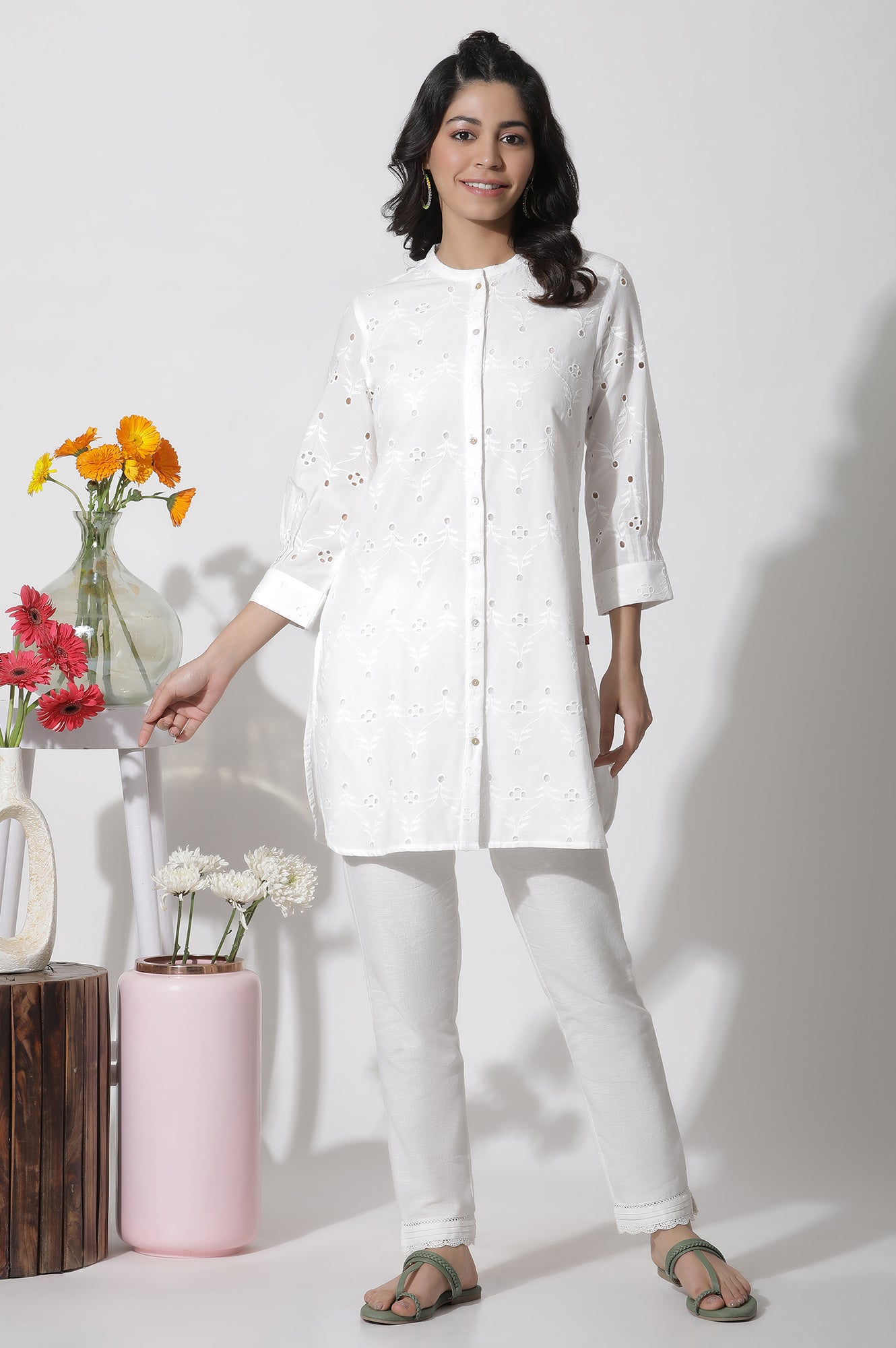 White Short Schiffli Cotton Kurta