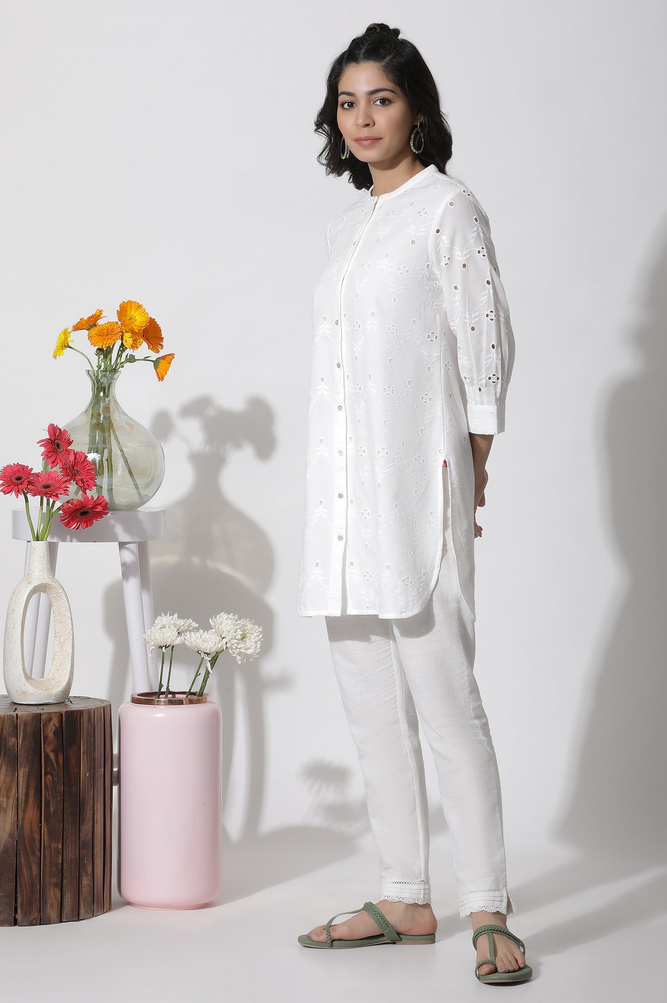 White Short Schiffli Cotton Kurta