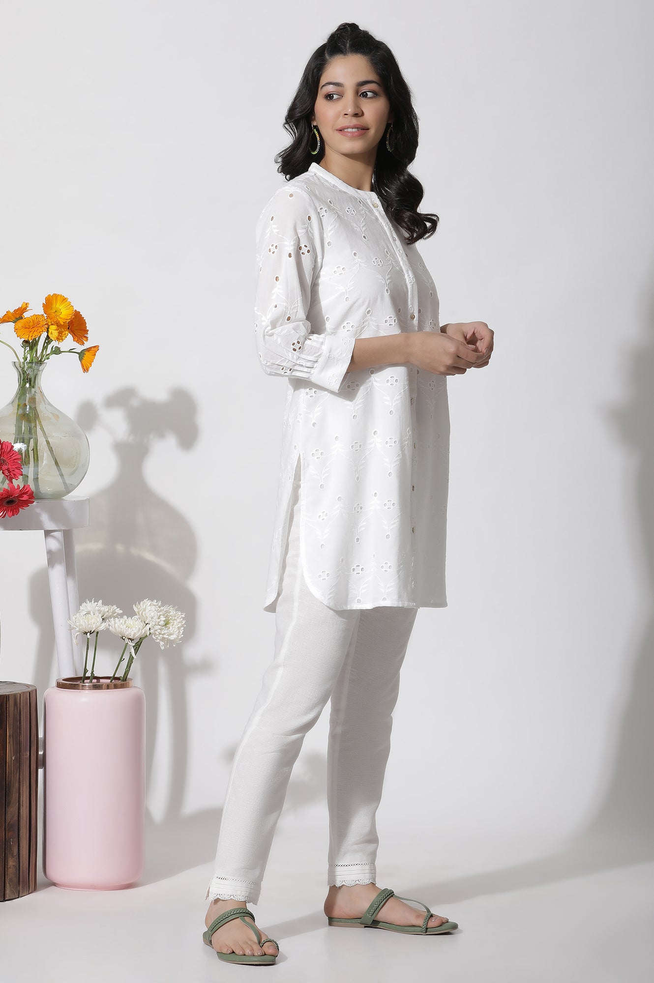 White Short Schiffli Cotton Kurta