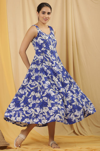 Blue Floral Printed Sleeveless Panelled Dress