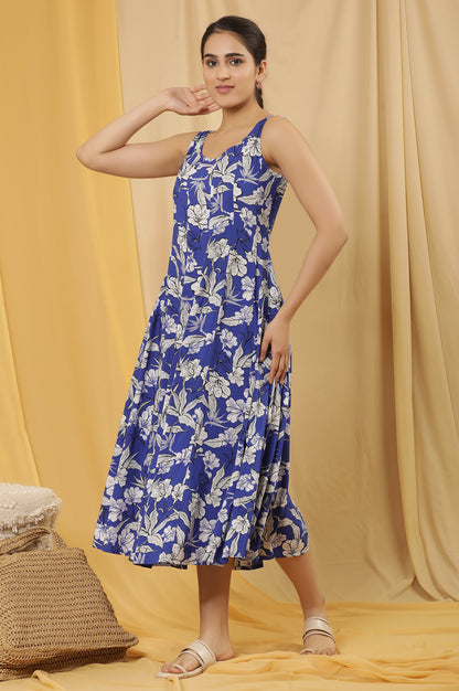 Blue Floral Printed Sleeveless Panelled Dress
