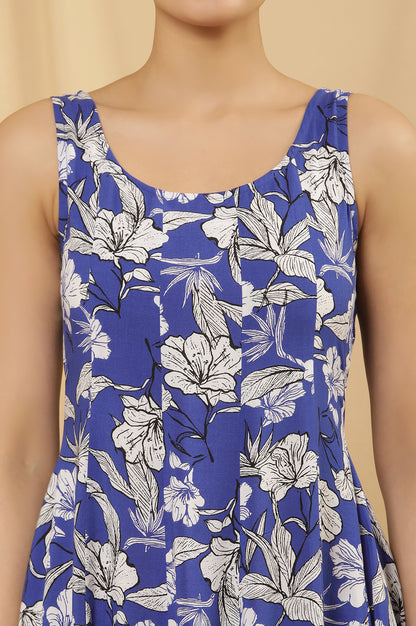 Blue Floral Printed Sleeveless Panelled Dress