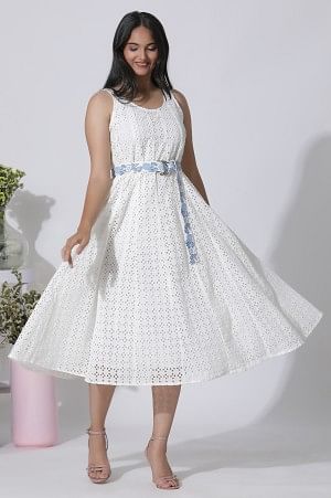 White Schiffli Cotton Flared Dress With Embroidered Belt