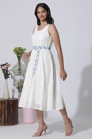 White Schiffli Cotton Flared Dress With Embroidered Belt