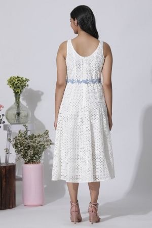 White Schiffli Cotton Flared Dress With Embroidered Belt