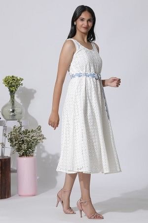 White Schiffli Cotton Flared Dress With Embroidered Belt