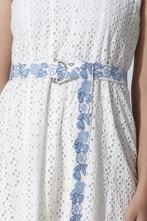 White Schiffli Cotton Flared Dress With Embroidered Belt