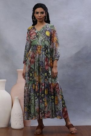 Multi-Coloured Floral Printed Tiered Dress