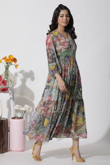 5122 Multi Colour Tiered Floral Cutout Dress