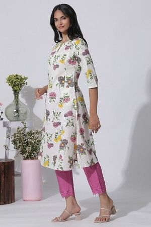 White Floral Printed A-Line Textured Cotton Kurta