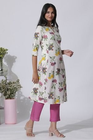 White Floral Printed A-Line Textured Cotton Kurta