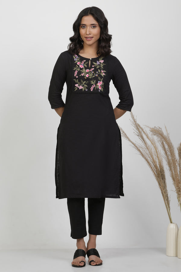 Black Textured Cotton Dobby Embroidered Kurta