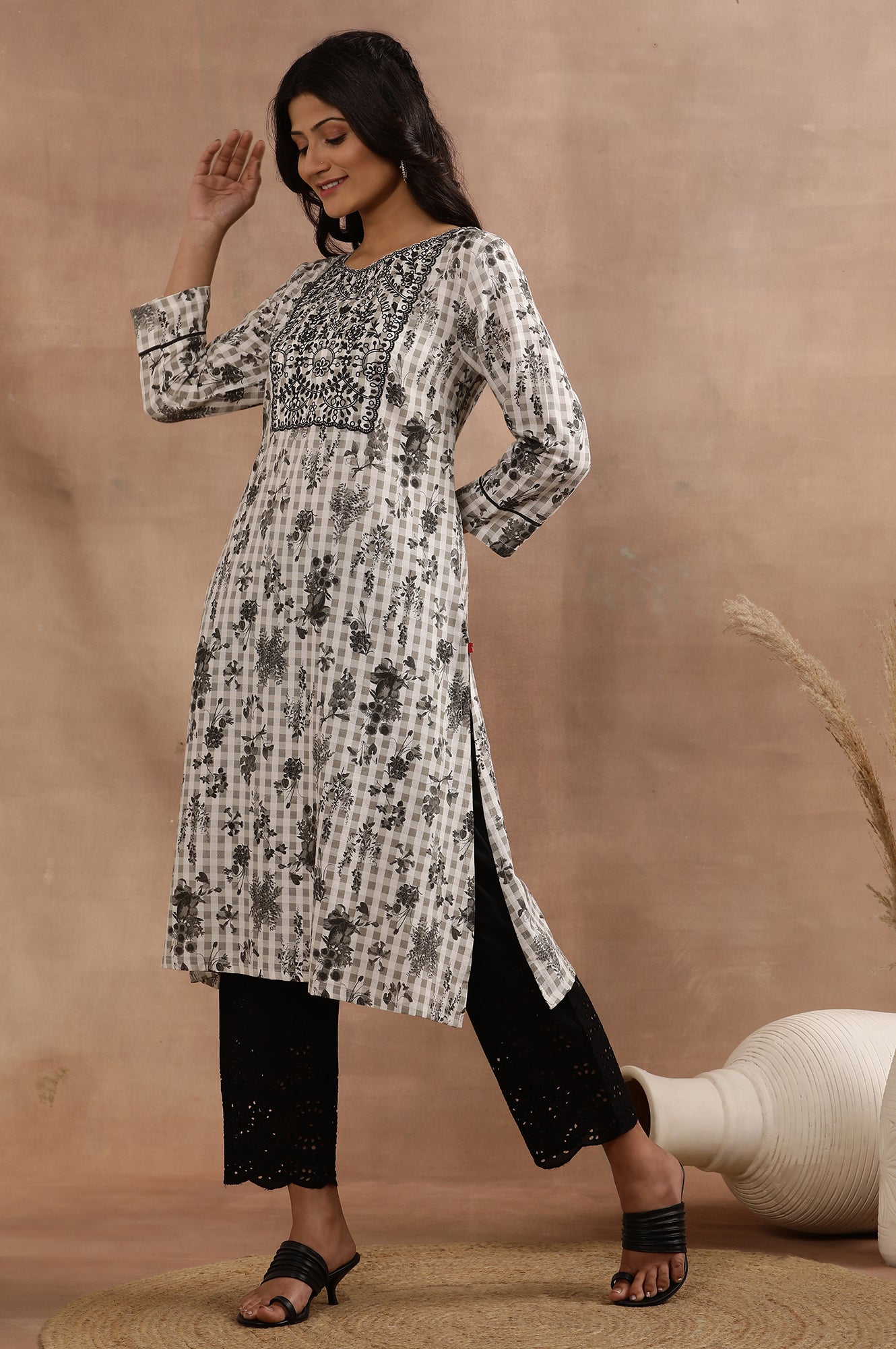 White And Grey Floral Printed Kurta With Thread Embroidery