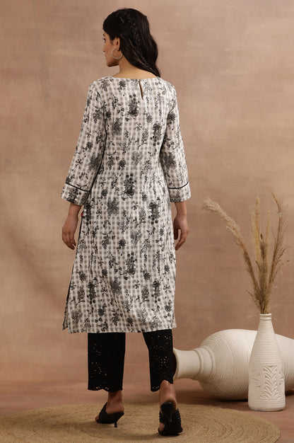 White And Grey Floral Printed Kurta With Thread Embroidery