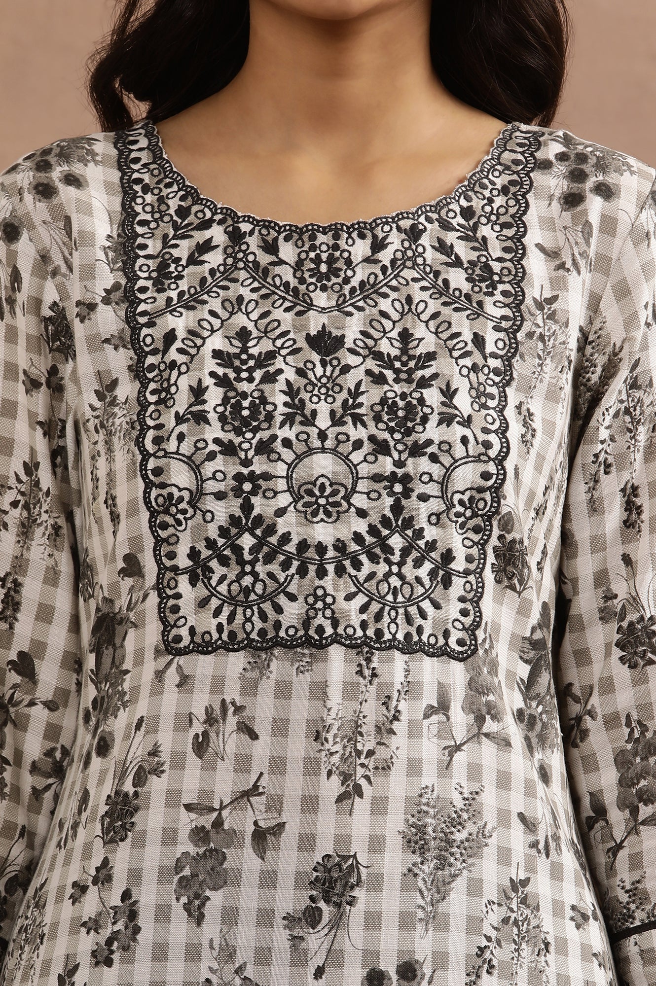 White And Grey Floral Printed Kurta With Thread Embroidery