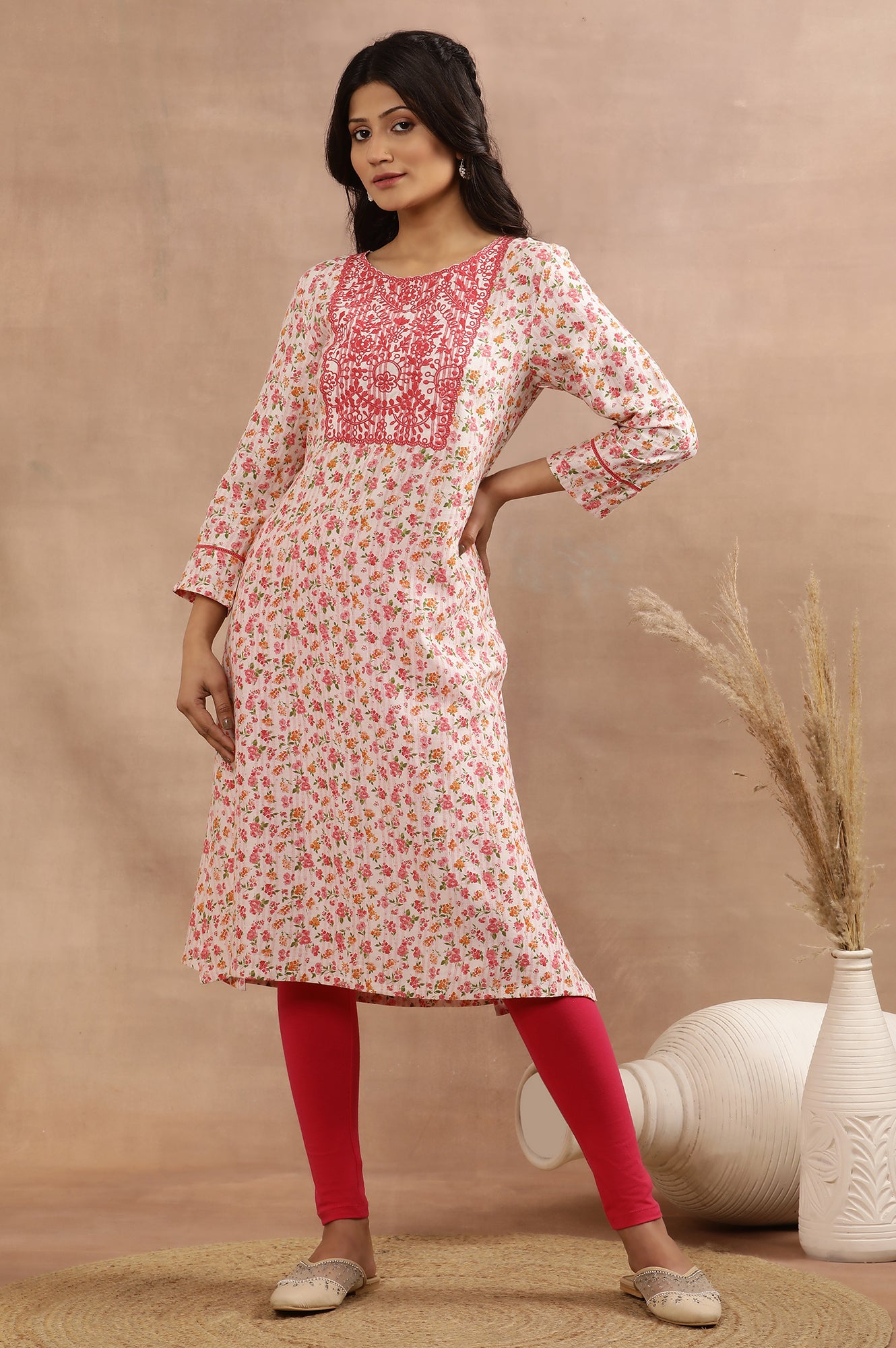 White And Pink Floral Printed Kurta With Thread Embroidery