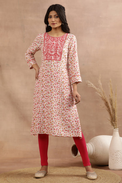 White And Pink Floral Printed Kurta With Thread Embroidery