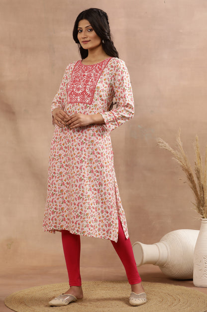 White And Pink Floral Printed Kurta With Thread Embroidery