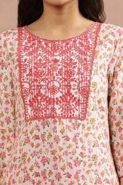 White And Pink Floral Printed Kurta With Thread Embroidery