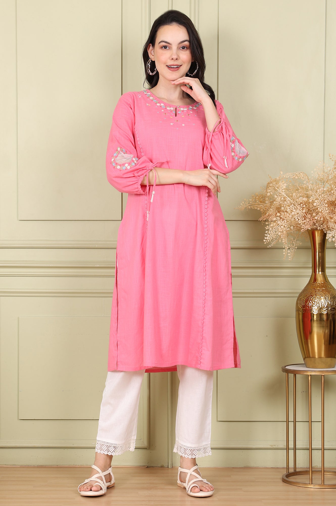 Buy Light Pink Floral Embroidered Pure Cotton Textured Straight Kurta Online for Woman WforWoman