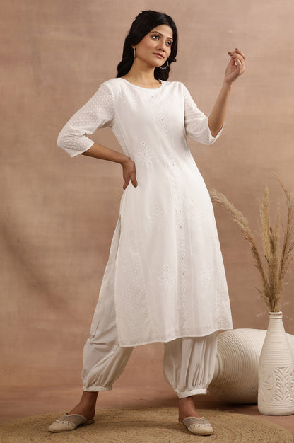 White Textured Cotton Schiffli Kurta