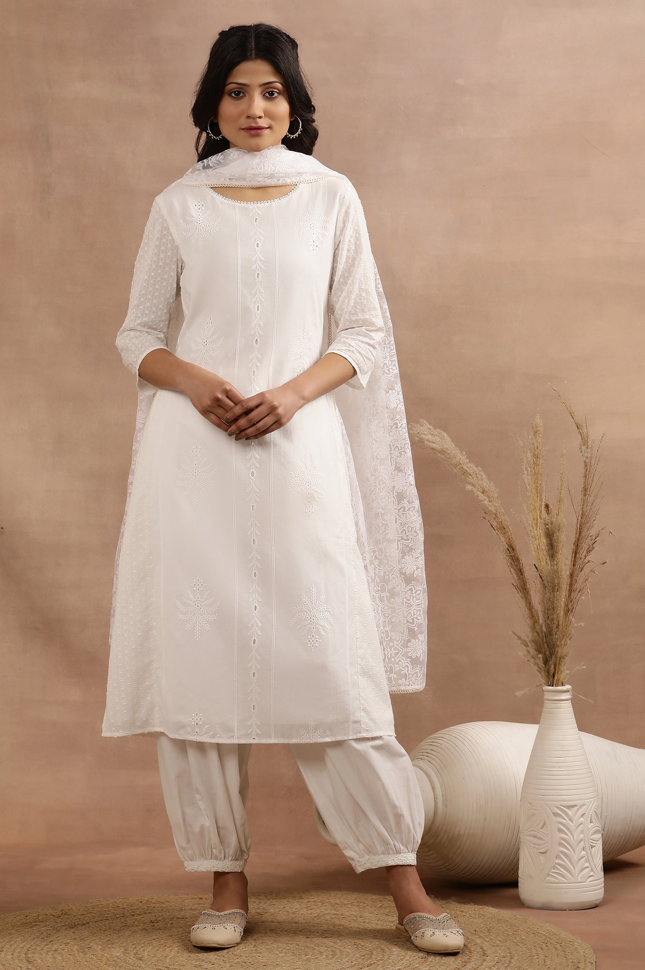 White Textured Cotton Schiffli Kurta