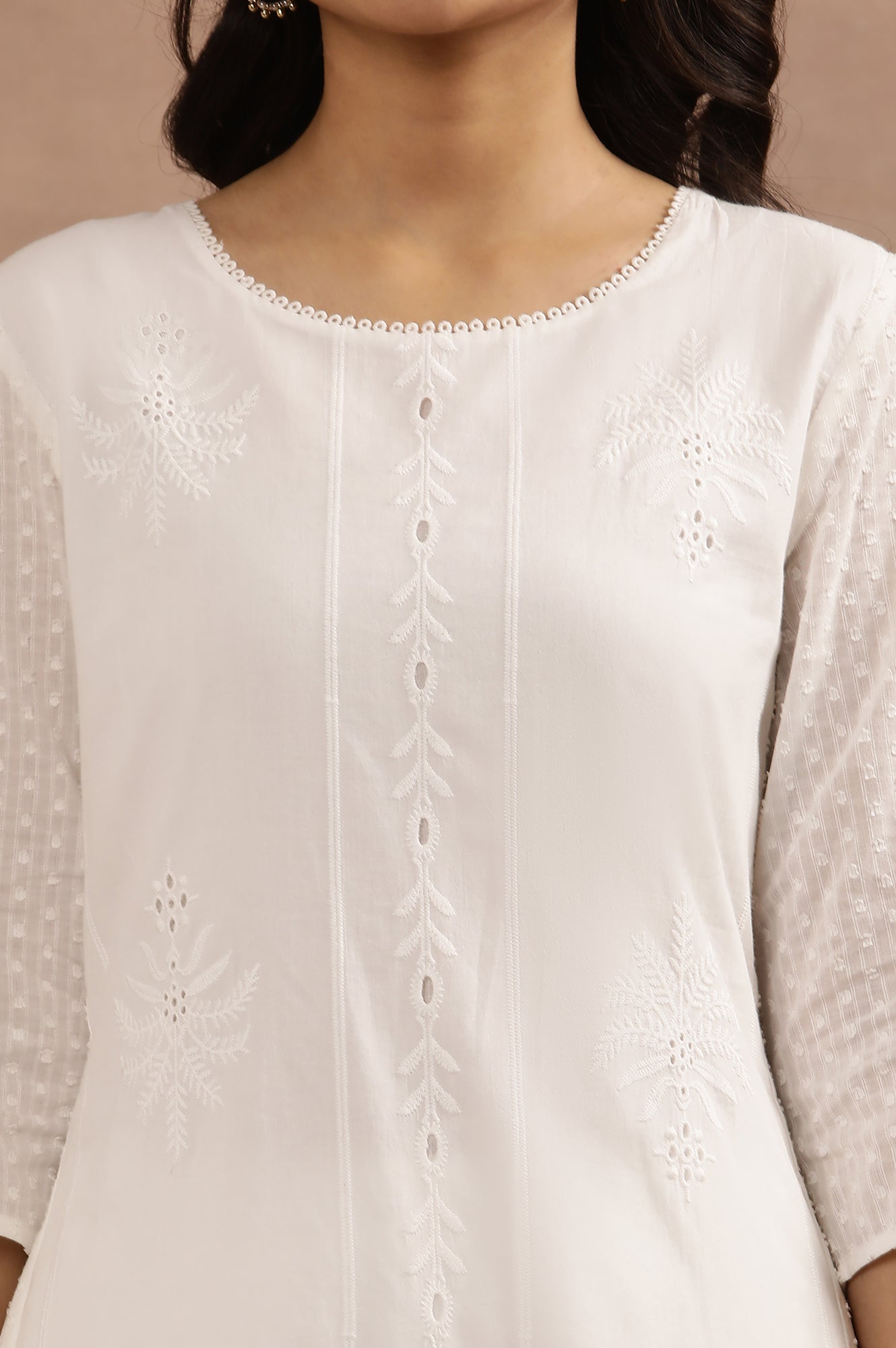 Buy White Textured Cotton Schiffli Kurta @ 2299 | W for woman