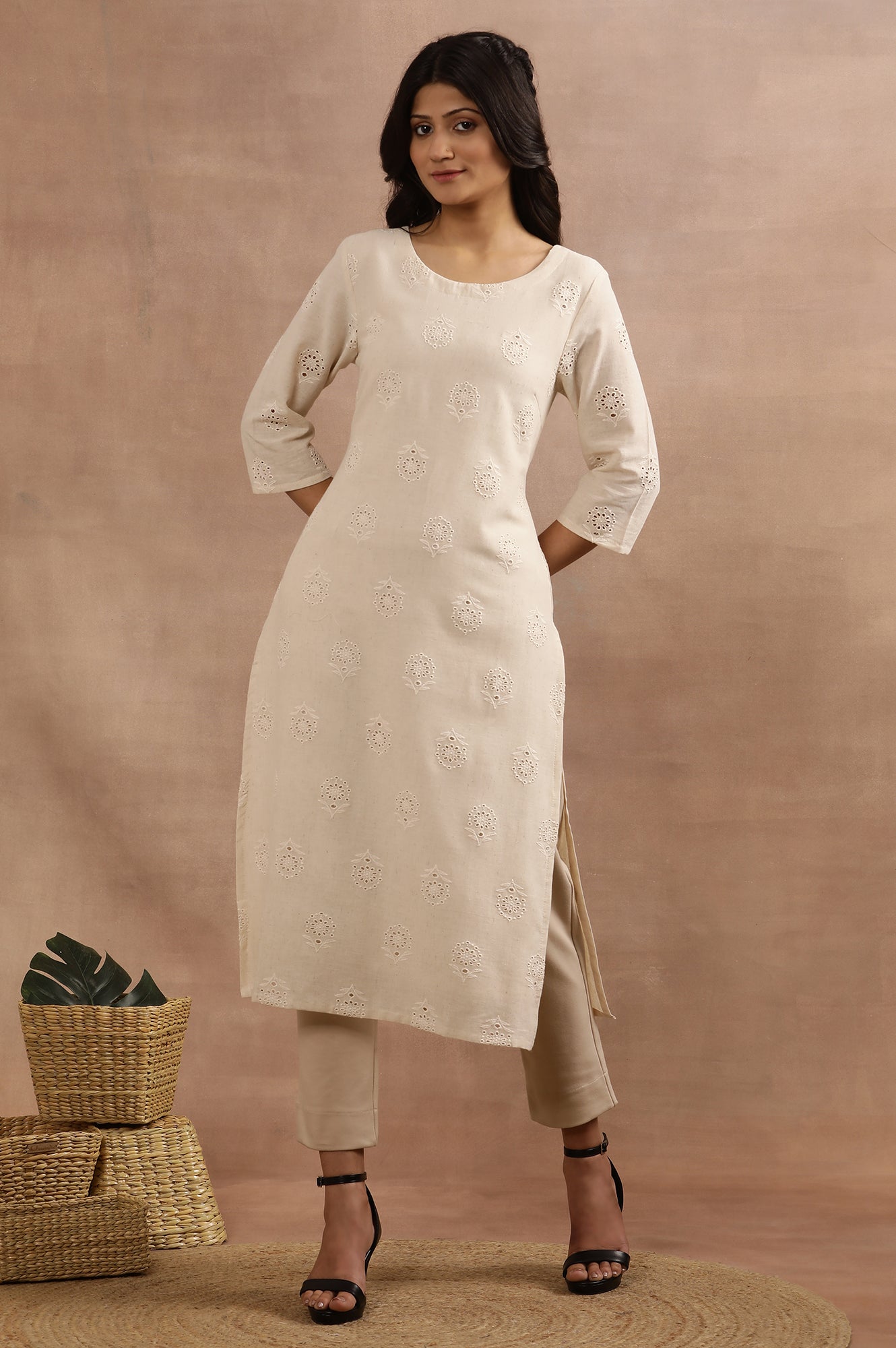 Beige Cotton Schiffli Straight Kurta