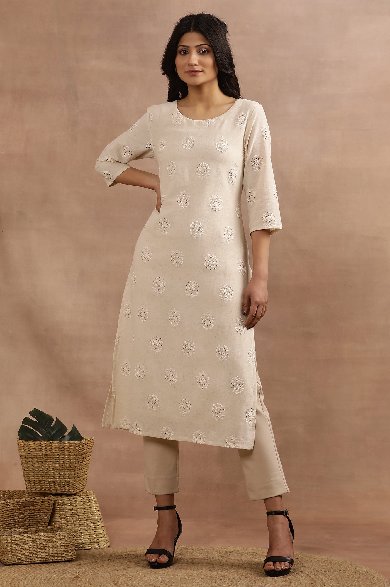 Beige Cotton Schiffli Straight Kurta